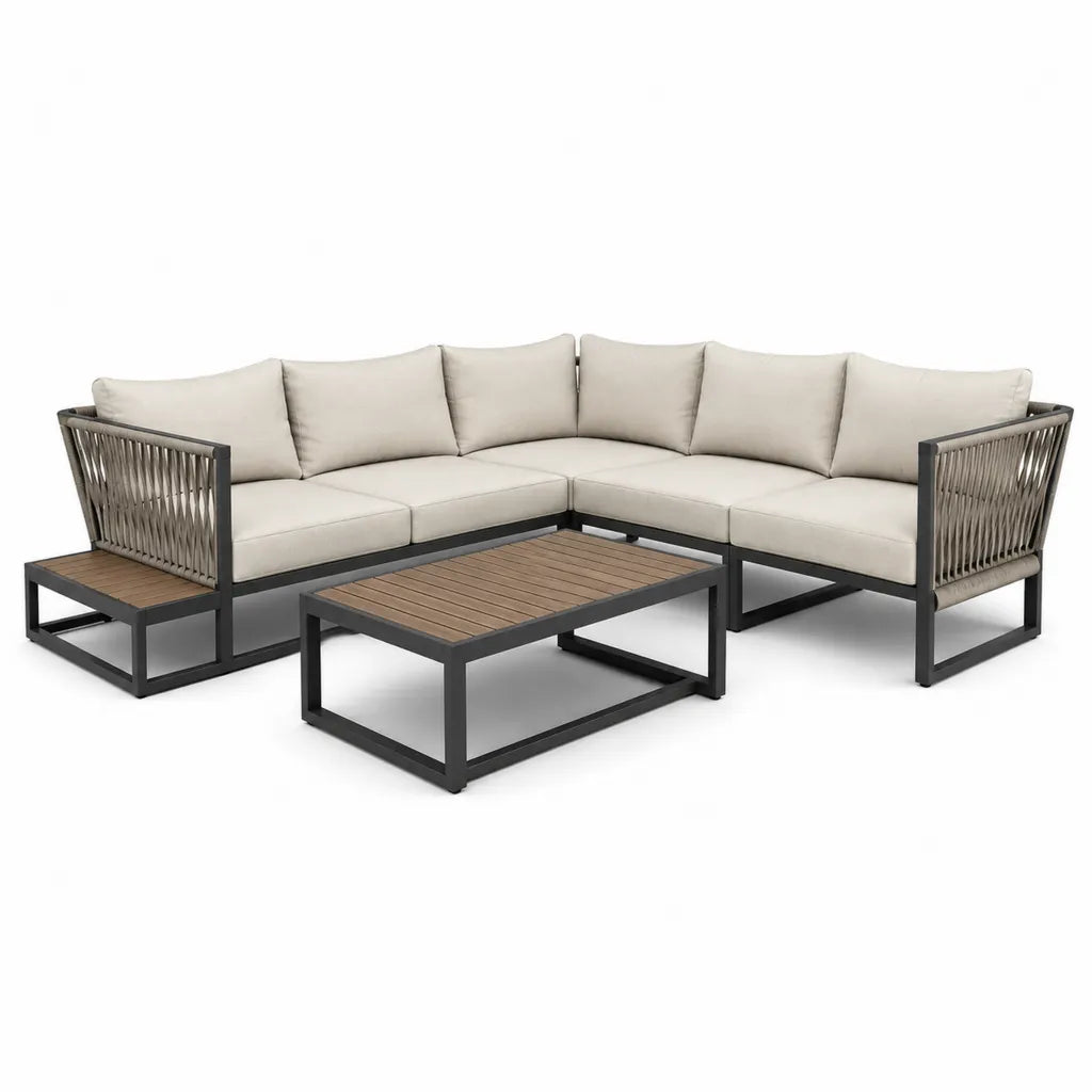 Salon de jardin d'angle 4 pièces aluminium thermolaqué corde polyester coussins beige noir avec table 230 x 230 cm