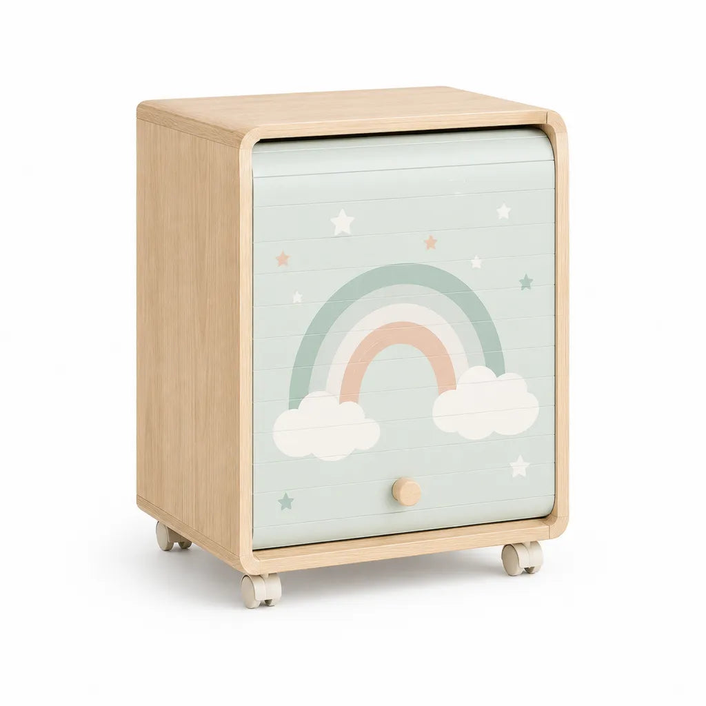 Caisson de rangement enfant à roulettes en MDF plaqué chêne avec rideau coulissant arc-en-ciel vert 40 x 35 x 55 cm