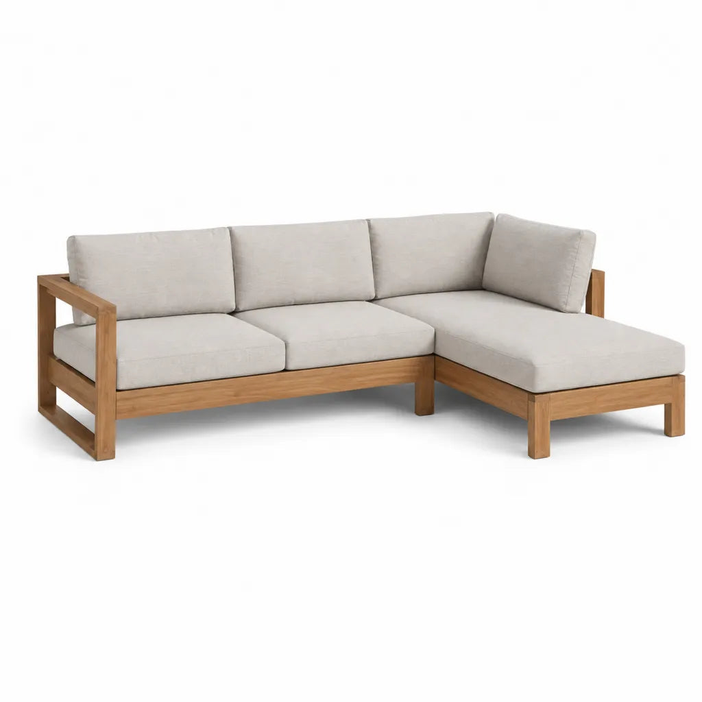 Canapé de jardin d'angle 3 places avec méridienne droite en acacia massif et polyester beige 220 x 145 x 70 cm