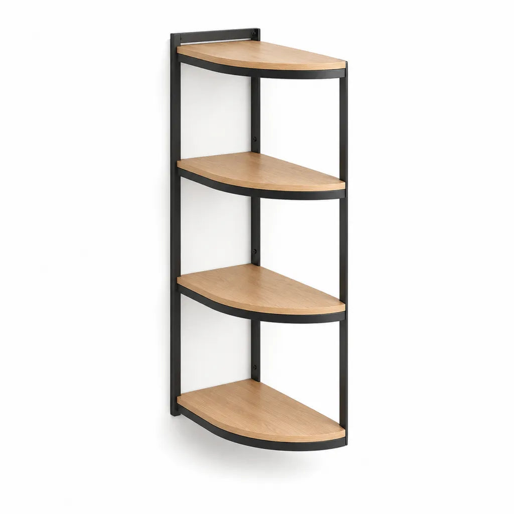 Étagère d'angle murale 4 niveaux en panneaux MDF et acier noir forme quart de cercle chêne clair 30 x 30 x 120 cm