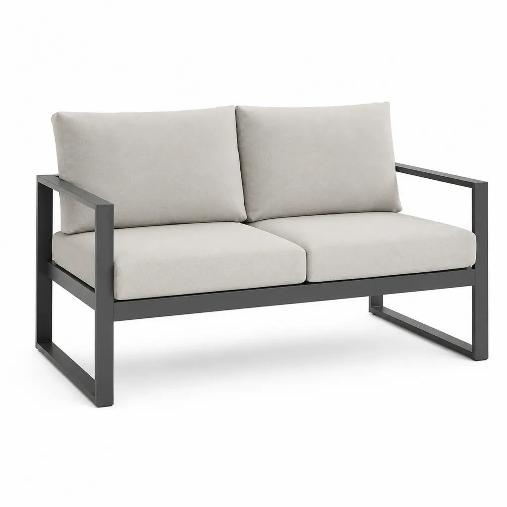 Canapé de jardin 2 places en aluminium thermolaqué gris anthracite avec coussins beige 130 x 75 x 65 cm