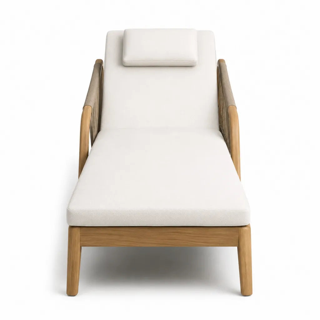 Chaise longue de jardin avec accoudoirs en teck massif et corde tressée crème 200 x 75 x 70 cm