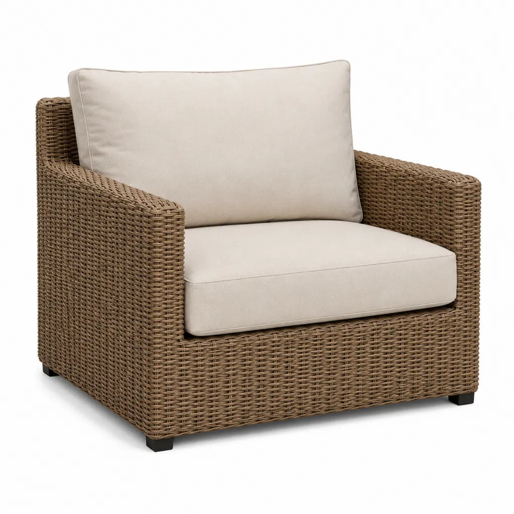 Fauteuil de jardin en résine tressée PE rectangulaire taupe avec coussins beige 90 x 85 x 80 cm