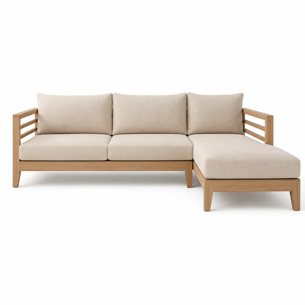 Canapé de jardin d'angle 3 places en bois d'acacia beige 220 x 150 x 78 cm