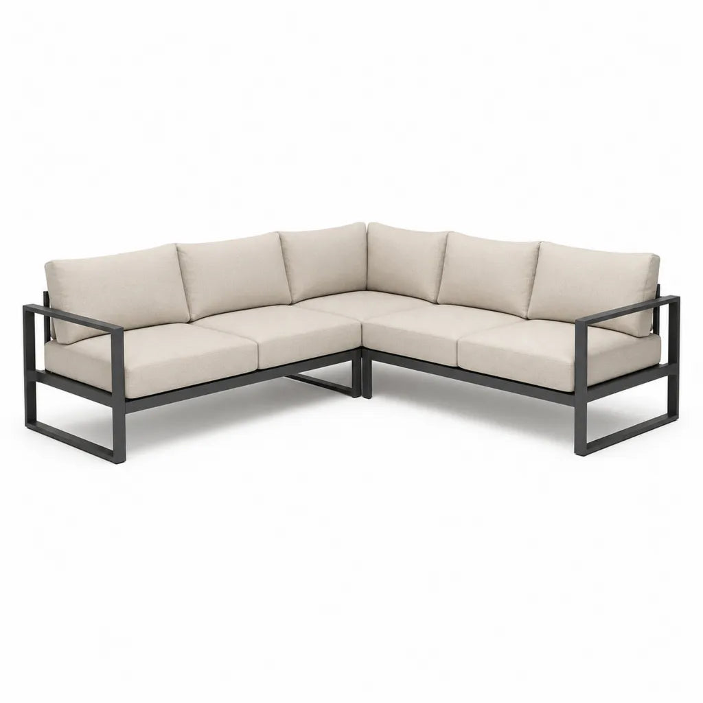 Canapé de jardin d'angle 5 places en acier et polyester beige noir 280 x 280 x 65 cm