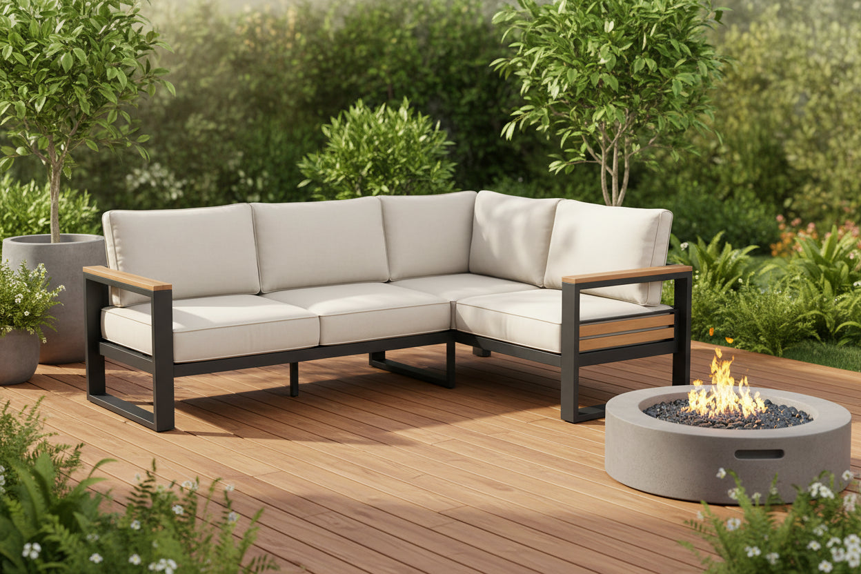 Canapé de jardin d'angle 3 places en acier et acacia beige 220 x 220 x 65 cm