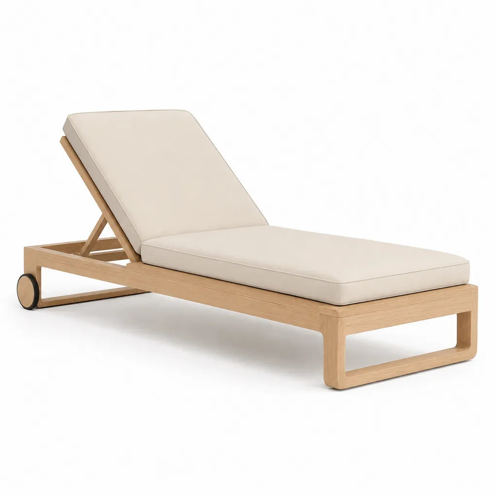 Bain de soleil inclinable rectangulaire 200 x 70 x 32 cm en acacia massif beige naturel avec coussin