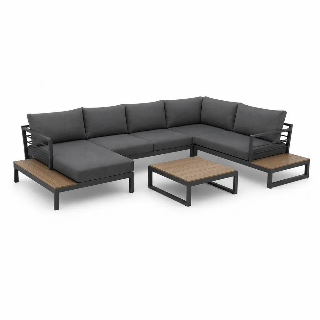 Salon de jardin d'angle 5 places avec table basse 255 x 200 cm acier thermolaqué gris anthracite et bois brun