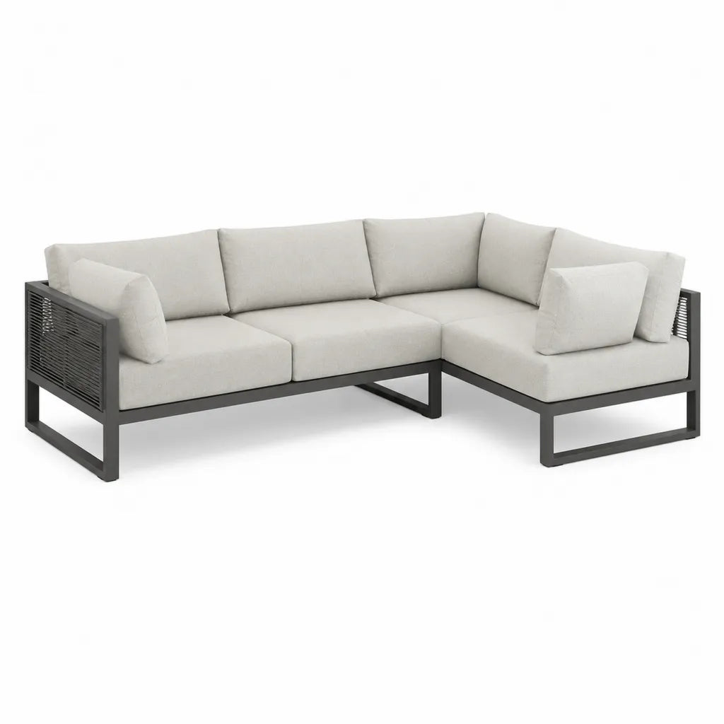 Canapé de jardin d'angle 5 places en aluminium noir avec coussins polyester beige 250 x 250 x 78 cm