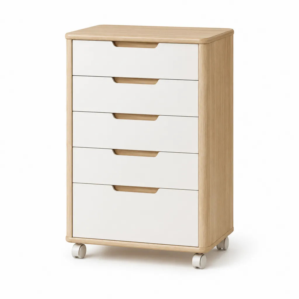 Caisson de bureau mobile à 5 tiroirs en panneaux MDF blanc et décor chêne 60 x 40 x 90 cm